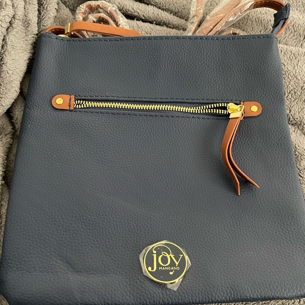 NWT-Joy Mangano genuine leather RFID Crossbody in navy blue